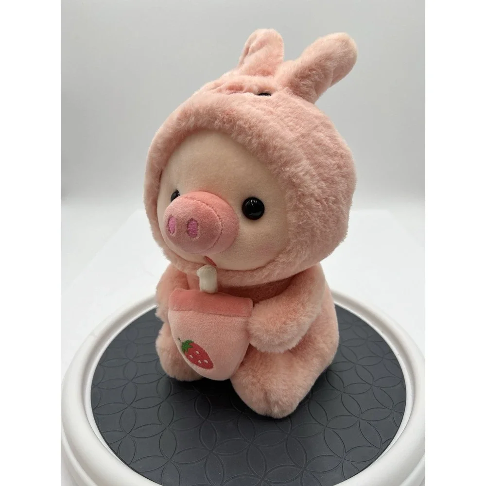 QQMCC Pink Pig Plush Bunny Hood Strawberry Boba Bubble Tea Stuffed Animal 12